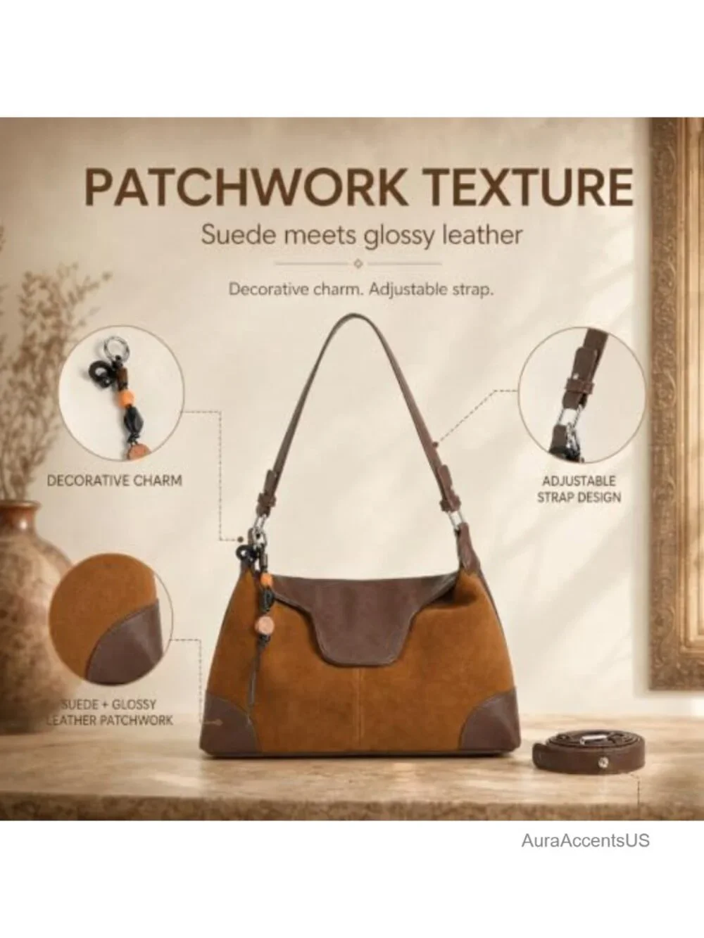 Faux Suede Crescent Crossbody Bag with Tassel Charm, Lightweight, Adjustable